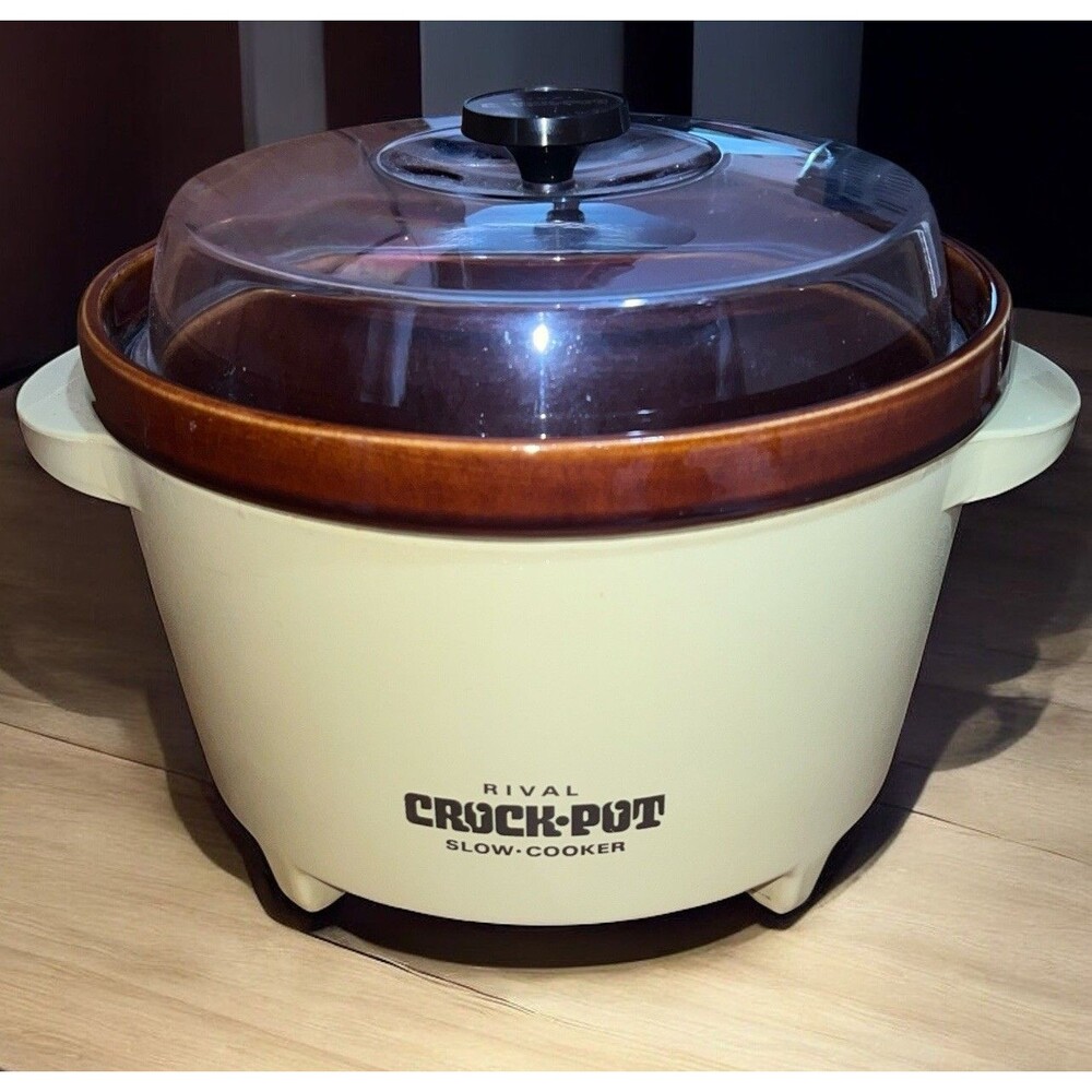 Vintage Rival 4 Quart Crock Pot SH-1 6 AMPS Rare Design Brown Insert With Lid